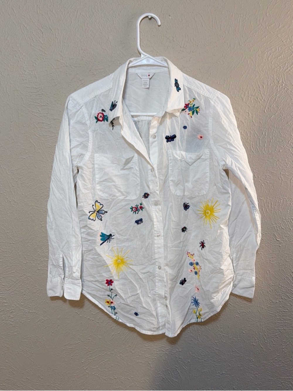 White Embroidered Button-Up Shirt with Floral & Butterfly Motif